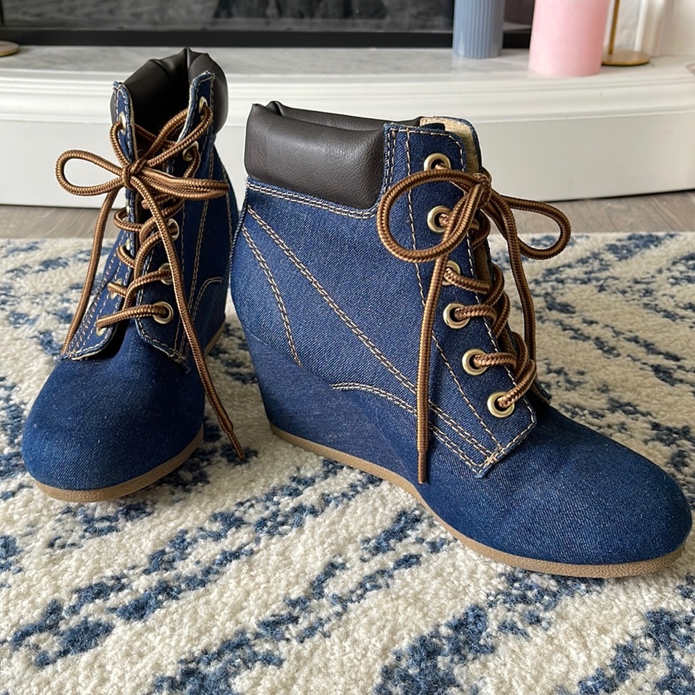 denim wedge boots